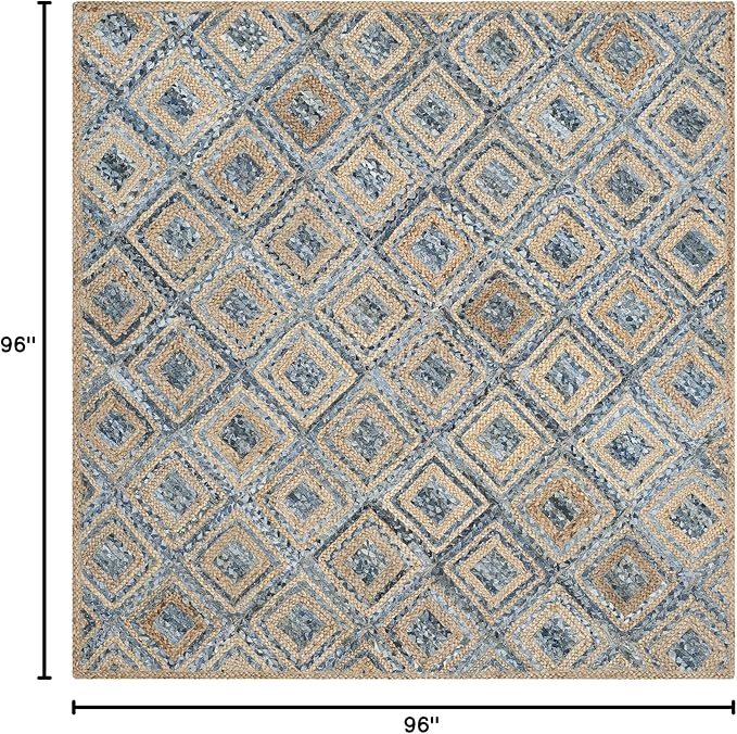 SAFAVIEH Cape Cod Collection Area Rug - 8' Square, Natural & Blue, Handmade Flat Weave Diamond Braided Jute & Denim, Ideal for High Traffic Areas in Living Room, Bedroom (CAP354A)