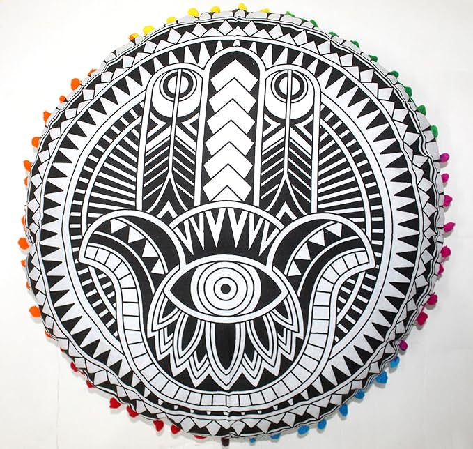 CRAFT KALA 32" Large Round Bohemian Floor Pillow Pouf Cover Mandala Meditation Room Pillow Cover for Adults Boho Seating Poufs Cushion Cover for Kids Playroom Black Hamsa Hand