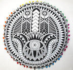 CRAFT KALA Boho Large Floor Pillow Pouf Cover Mandala Meditation Room Pillow Cover for Adults Round Bohemian Seating Pouf Cushion Cover for Kids Playroom 22" Black Hamsa