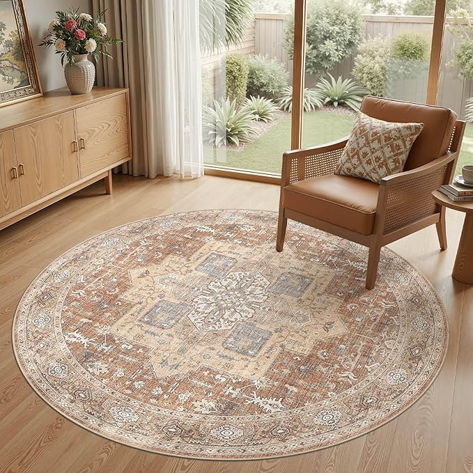 Round Washable Area Rug 8ft, Boho Vintage Distressed Oriental Medallion, Neutral Blue, Thin Carpet for Living Room Bedroom Home Office Decor