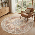 Round Washable Area Rug 8ft, Boho Vintage Distressed Oriental Medallion, Neutral Blue, Thin Carpet for Living Room Bedroom Home Office Decor