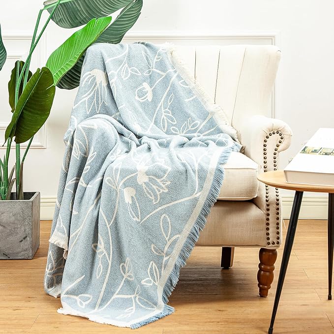 LALIFIT Boho Chic Decorative Throw Blanket Vintage Woodland Floral Bird Design with Tassels Soft Cotton Lightweight & Cozy for Home, Couch, Sofa, Farmhouse 50x60 Inches (Sky Blue)