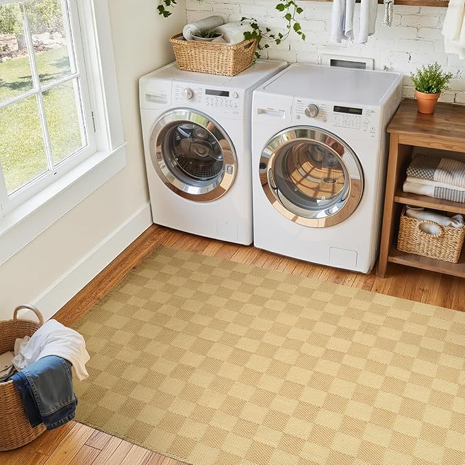 BESTSWEETIE 3'x5' Washable Rug Hand-Woven Low Pile Soft Checkerboard Pattern Reversible Checkered Braided Rugs with Short Fringe Carpet for Living Room Bedroom Dining Room Home Decor - Naturejute