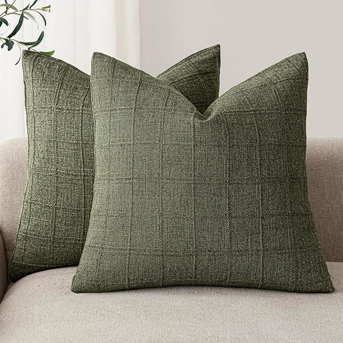 Foindtower Set of 2 Decorative Linen Check Throw Pillow Covers Neutral Farmhouse Vintage Cushion Covers Modern Boho Home Decor for Sofa Chair Couch Bedroom Living Room,24×24 Inch,Olive Green