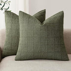 Foindtower Set of 2 Decorative Linen Check Throw Pillow Covers Neutral Farmhouse Vintage Cushion Covers Modern Boho Home Decor for Sofa Chair Couch Bedroom Living Room,24×24 Inch,Olive Green