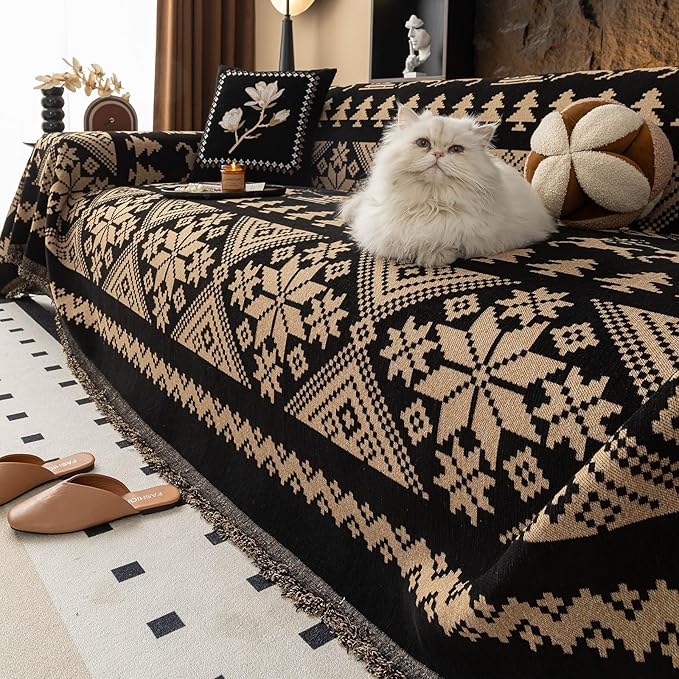 VClife Boho Couch Cover for Sofa, Anti Slip Chenille Sofa Cover for Sectional Sofa - 1 Piece Black Khaki Geometry Jacquard Sofa Slipcover, Pet-Friendly Couch Cushion Cover with Tassel 71"x 134"