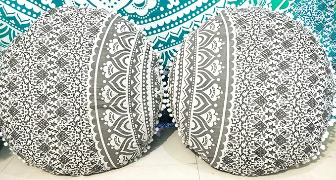 CRAFT KALA Mandala Floor Pillow Cushion Cover Seating Throw Cover Hippie Decorative Bohemian Ottoman Poufs Pom Pom Pillow Cases Boho Indian Cotton Living Room Home Décor 24" Round Set Of 2, Grey Ombre