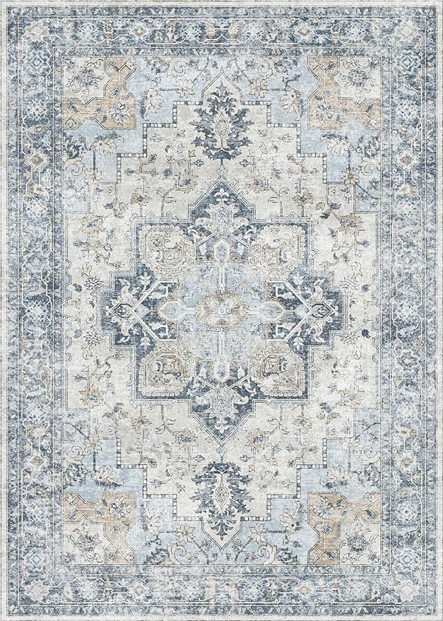 GENIMO 8x10 Area Rugs for Living Room, Machine Washable Non Slip Vintage Rugs, Low Pile Lightweigt Chenille Print Indoor Rug for Bedroom, Dining Room, Home Office, Blue