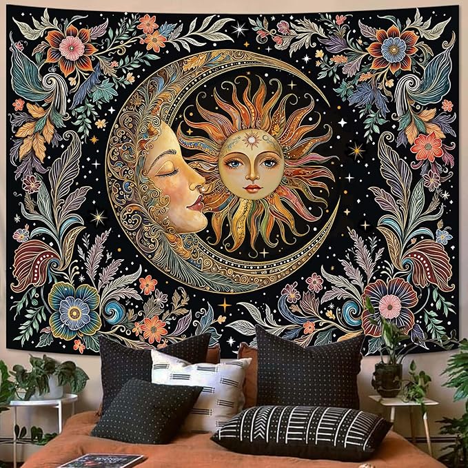 Fungarth Sun and Moon Tapestry Hippie Boho Floral Wall Tapestry for Bedroom Aesthetic Vintage Plant Celestial Spiritual Botanical Small Tapestries Wall Hanging for Living Room Dorm 60 x 44 Inch