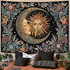 Fungarth Sun and Moon Tapestry Hippie Boho Floral Wall Tapestry for Bedroom Aesthetic Vintage Plant Celestial Spiritual Botanical Small Tapestries Wall Hanging for Living Room Dorm 48 x 36 Inch