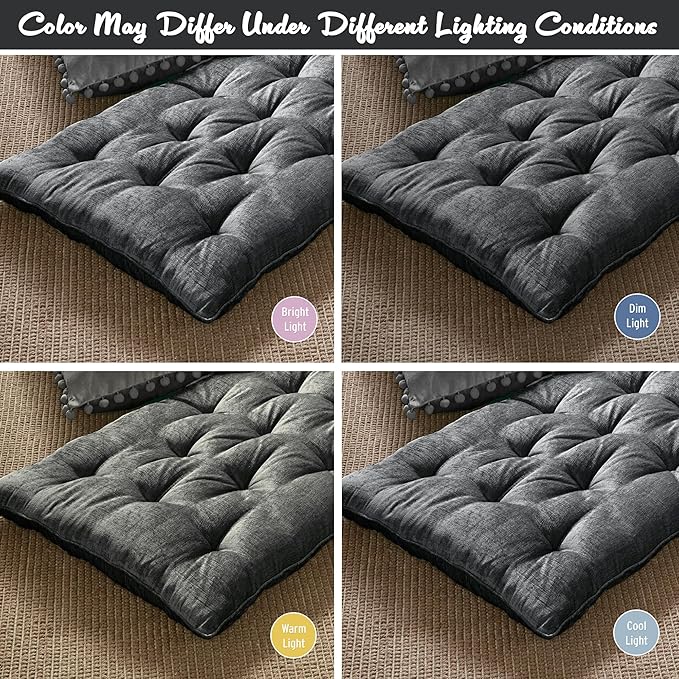Intelligent Design Floor Pillow Lounger Luxurious Chenille Tufted, Piping Border, 3" Floor Lounger for Naps, Yoga, Games, Roll-Up & Travel-Friendly Sleeve Handle, Edelia, 27"W x 74"L x 3"H Charcoal