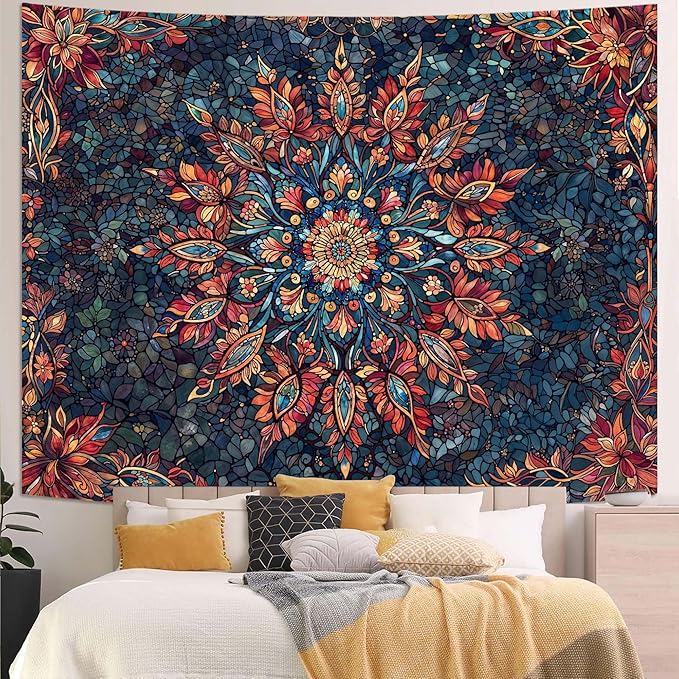 Accnicc Boho Floral Mandala Tapestry for Bedroom Hippie Bohemian Flower Wall Tapestry Aesthetic Extra Large Stained Glass Red Blue Tapestries Wall Hanging for Living Room Dorm Decor 90 x 68 Inch