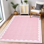 GarveeHome Scalloped 3x5 Washable Rug Non-Slip Low-Pile Indoor Rugs for Entryway Solid Pink Modern Minimalism Carpet for Bedroom Living Room Kitchen Bathroom Indoor Mat