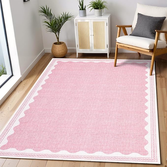 GarveeHome 4x6 Rug Non-Slip Washable Low-Pile Carpet - Scalloped Solid Pink Modern Minimalism Rugs for Bedroom Living Room Nursery Kitchen Entryway Indoor Mat with Rubber Back