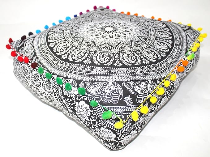 CRAFT KALA Black Elephant Flower Large Hippie Mandala Meditation Floor Ottoman Pillow Cushion Pouf Cover Square Poufs Bohemian Floor Cushion Case Outdoor Fireplace Living Room Decor Cover 18" Square