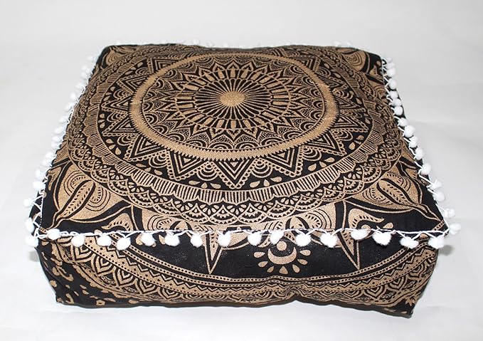 CRAFT KALA 24" Square Large Hippie Mandala Meditation Floor Ottoman Pillow Cushion Pouf Cover Square Poufs Bohemian Circle Floor Cushion Case Outdoor Fireplace Yoga Living Room Decor Cover Black Gold