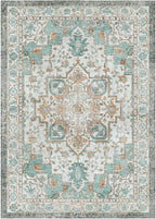 GENIMO 9x12 Area Rugs for Living Room, Machine Washable Non Slip Vintage Rugs, Low Pile Lightweight Chenille Print Rug for Bedroom, Dining Room, Home Office, Cyan