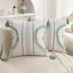 Boho Throw Pillow Covers 18x18 Set of 2 Cotton Woven Tufted Farmhouse Pillows Covers with Tassels Outdoor Neutral Green Decorative Pillowcases Square Textured Accent Cushion Cases for Couch Bed Sofa