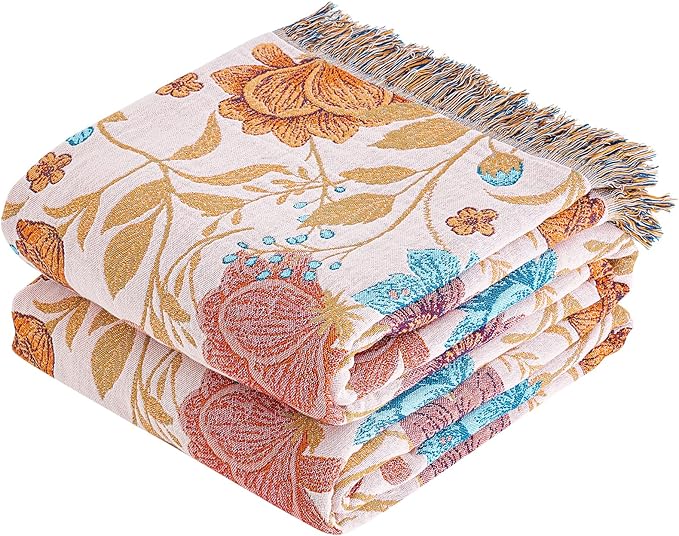 Boho Throw Blanket, 100% Organic Cotton Breathable Ultra Soft 60" x 80" Bed Quilt Throw - All Season Floral Rustic Farmhouse Decor Luxury Reversible Blanket for Sofa Couch Chair and Gift