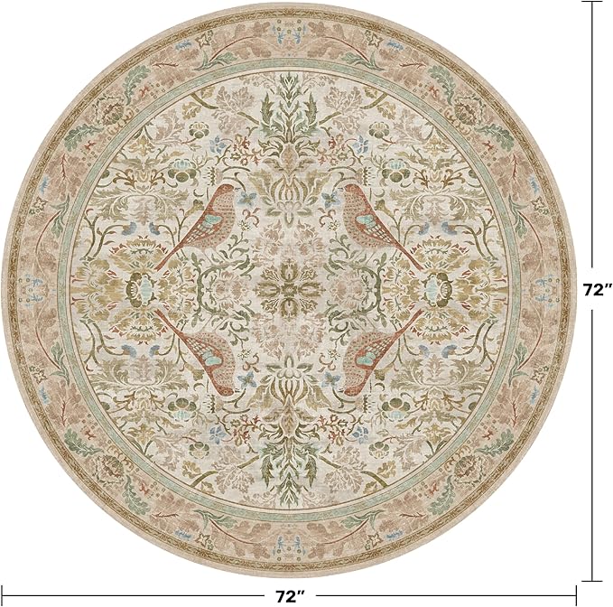 Beige 6ft Round Rug for Living Room - Floral Circle Area Rug for Bedroom Kids Room, Home Office, Washable Low Pile Non Slip, Vintage Beige Taupe Botanical & Bird Pattern, Boho Indoor Décor