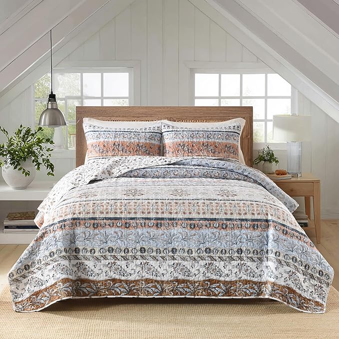 Boho Style Queen Quilt Set Mocha Brown Bohemian Floral Strip Quilt Beddding Set, Soft and Lightweight Bedspread for All Season, Full Size Bed Coverlet with 2 Matching Pillow Shams (3 Pieces)