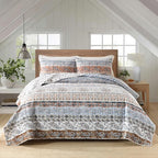 Boho Style Queen Quilt Set Mocha Brown Bohemian Floral Strip Quilt Beddding Set, Soft and Lightweight Bedspread for All Season, Full Size Bed Coverlet with 2 Matching Pillow Shams (3 Pieces)