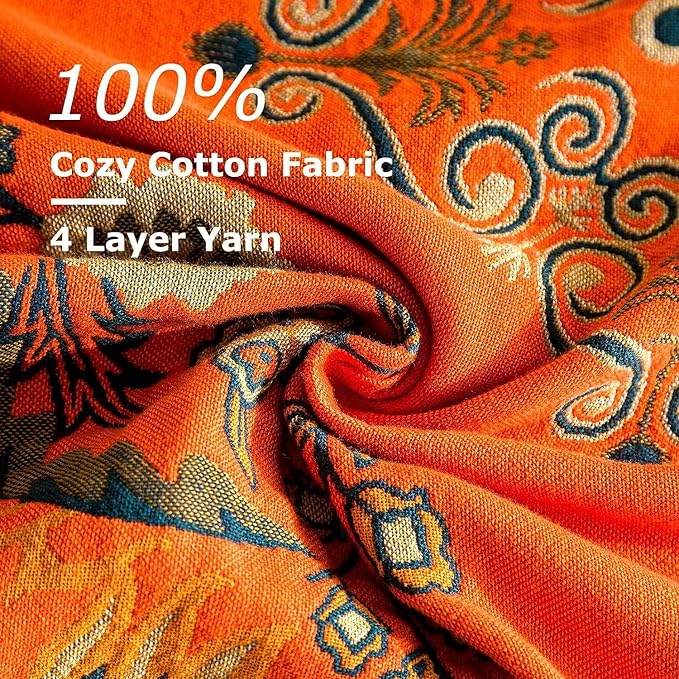 Boho Throw Blanket for Bed 100% Cotton Soft Lightweight Quilt Floral Embroidery Home Decor Spring Breathable Orange Bed Blankets,80"x90" All Season Reversible Blankets for Sofa Couch Chair