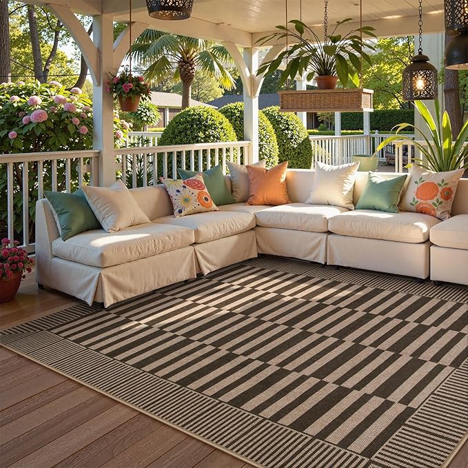 Beevia Striped 5x7 Neutral Jute Rug, Indoor Outdoor Rugs for Living Room, Farmhouse Modern Non-Slip Large Floor Carpet for Patio Balcony Dining Room Decor (Nature, 5x7ft)