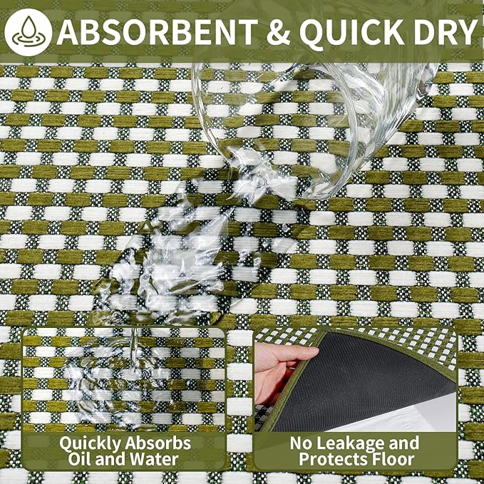 Long Kitchen Runner Rugs Kitchen Mat Non Slip Washable, Super Absorbent Soft Chenille Braided Kitchen Mats for Floor, Rubber Backing Kitchen Floor Sink Standing Mat, Easy Clean, Green 24"x71"