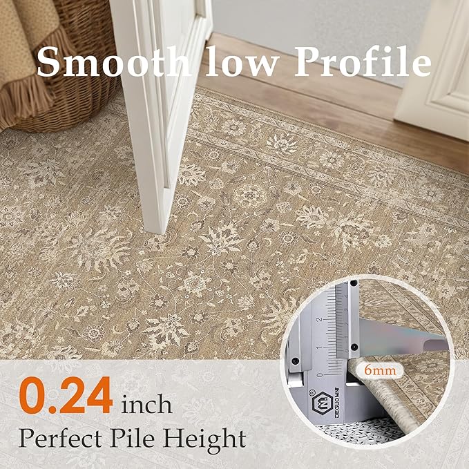 5x7 Area Rug Brown Washable Vintage Carpet Living Room Bedroom Non Slip Stain Soft Resistant Low Pile Thin Boho Accent Indoor Throw Rug for Dining Room Office