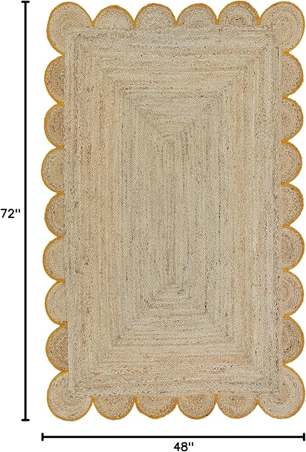 Scalloped Natural Jute Area Rug, Yellow Trim, 4'x6'