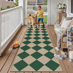 2x8 Checkered Easy Jute Runner Rug Non Slip Hallway Kitchen Washable Outdoor Rug for Entryway Indoor Checkerboard Green Long Indoor Outdoor Carpet for Bedside Entry Front Door Porch