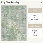 7x9 Area Rug for Living Room Washable Abstract Vintage Soft Thin Indoor Floor Non-Slip Carpet for Bedroom Dining Room Green/Ivory