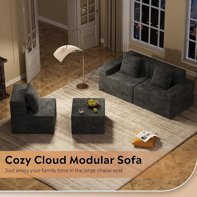 WLIVE 110'' Cloud Sectional Couches for Living Room, Modular Boneless Couch with Right Facing Chaise, L Shape Memory Foam Corduroy, with Ottoman, Grey