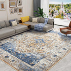 Amearea Vintage Design Area Rugs for Living Room, 5x8 Machine Washable Floral Collection Traditional Bedroom Rug, Low Pile Kids Room Print Carpet, No Slip Office Kitchen Home Decor, Blue and Orange