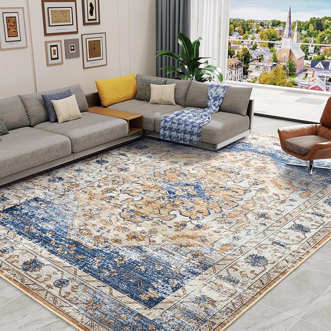Amearea Vintage Design Area Rugs for Living Room, 5x8 Machine Washable Floral Collection Traditional Bedroom Rug, Low Pile Kids Room Print Carpet, No Slip Office Kitchen Home Decor, Blue and Orange
