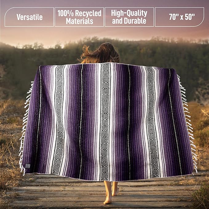 Hydration Nation Authentic Large Handwoven Mexican Blanket - Soft Yoga- Durable Serape- Lightweight Falsa, Beach, Camping, Picnic, Outdoor Blanket 70"x50" - Lavender Jade