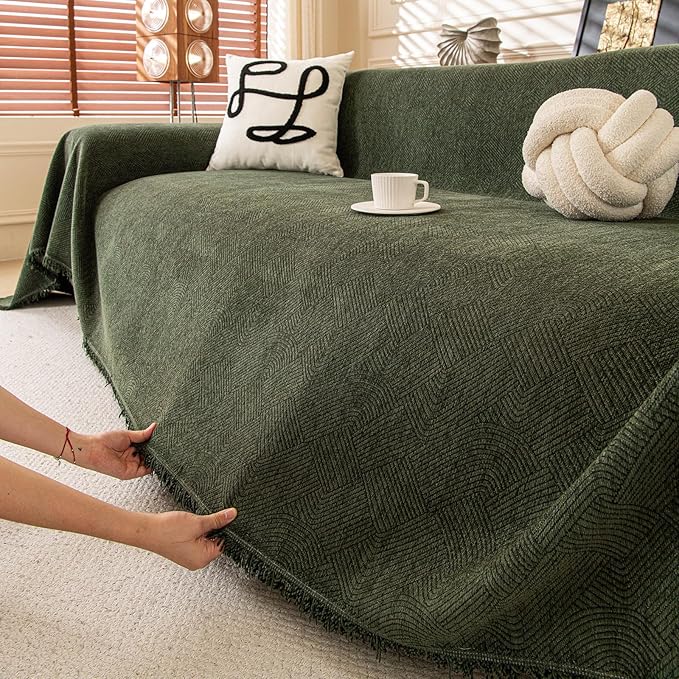 ROOMLIFE Green Waterproof Sofa Cover, Boho Couch Cover for 3 Cushion Sofa, Non Slip Chenille Sofa Slipcovers for Dog, Washable Furniture Sofa Protector Cover with Tassel for Living Room, 71''X150”