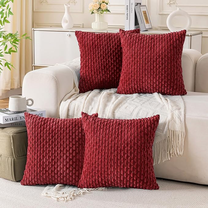 Set of 4 Burgundy Decorative Throw Pillow Covers 24x24 Inch Corduroy Pillow Covers for Bed Couch Sofa Living Room Soft Square Cushion Cases