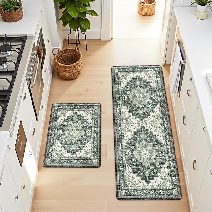 Boho Kitchen Mats for Floor 2 Piece Set Anti Fatigue Cushioned PVC Kitchen Rugs Non Slip Waterproof Farmhouse Mats 2/5 Inch Comfort Standing Mat for Sink, Laundry, Office, 17.3"x47"+17.3"x28", Green