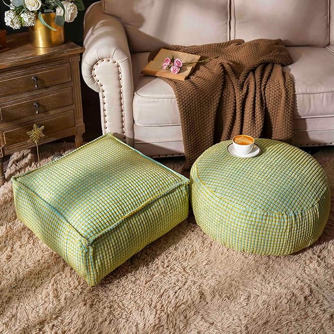 SUTAVIA Pouf Ottoman Cover Unstuffed Pouf Seat Decorative Soft Storage Bean Bag 20x20x8 Inches Floor Footrest for Living Room Bedroom (Blue Green, Round)