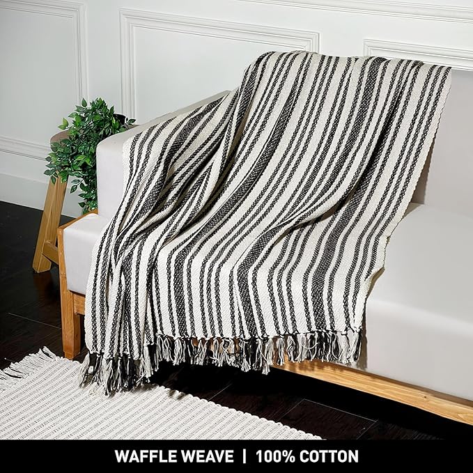 Chardin home - Black & Ivory Stockholm Stripe Cotton Throw Blanket - 50x60 | Farmhouse Large, Wearable, Breathable Throw | Boho Everyday Blanket for Couch, Bed, Sofa | Soft Lightweight Picnic Rug