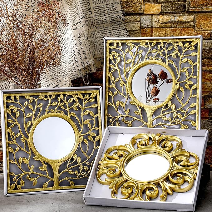 3 Pack Gold Sunburst Mirrors for Wall Decor Circle Flowers Mirrors Decorative Gold Hanging Wall Art Flowers Mirror for Home Living Dinning Room Bedroom Bathroom Boho Decoration Art(Vintage)