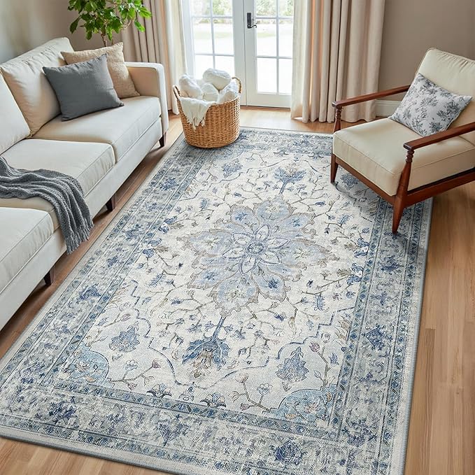 Area Rugs 5'x8' Washable Non-Slip, Floral Vintage Distress Print Pattern Medallion Carpet for Living Room Bedroom Dining Room, Light Blue Navy Beige Gray White