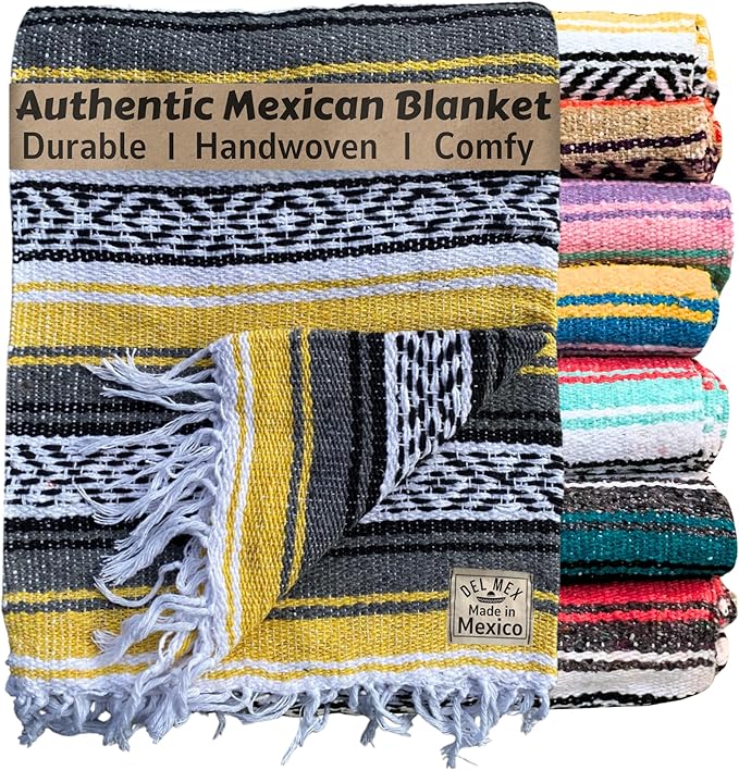 Del Mex Classic Mexican Blanket, Large Authentic Woven Falsa Throw (70"x50"), Artisan Southwest Décor for Beach, Yoga, Outdoors (Yellow)