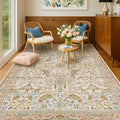 Washable Area Rugs 5x8 for Bedroom - Western Nature Rugs for Living Room, Dining Room,Playroom, Guest Room with Boho Beige Neutral Botanical & Bird Pattern, Non Slip Stain Resistant Low Pile