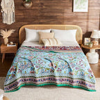 Boho Throw Blanket 100% Cotton Muslin Woven Blanket Bohemian Bed Throws Vintage Rustic Farmhouse Decor Reversible Bed Blanket Quilt for All Seasons（Blue 80"x90"）
