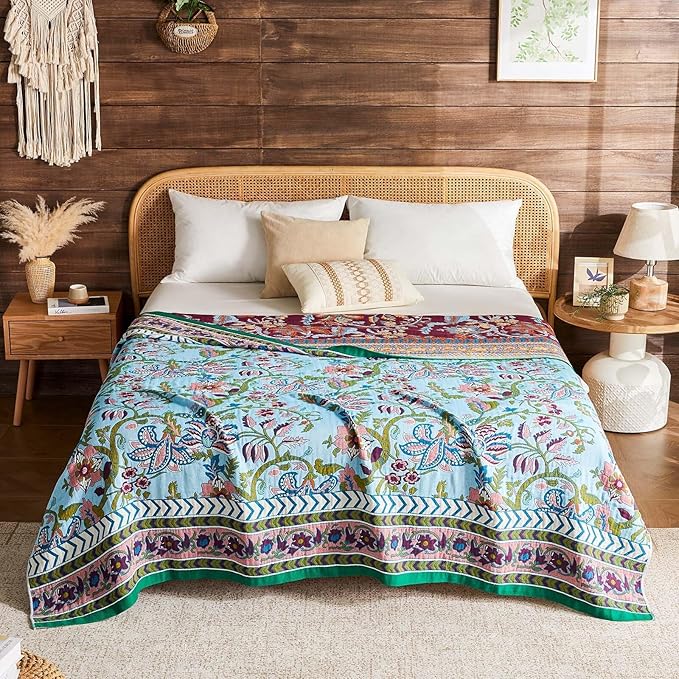 Boho Throw Blanket 100% Cotton Muslin Woven Blanket Bohemian Bed Throws Vintage Rustic Farmhouse Decor Reversible Bed Blanket Quilt for All Seasons（Blue 50"x60"）