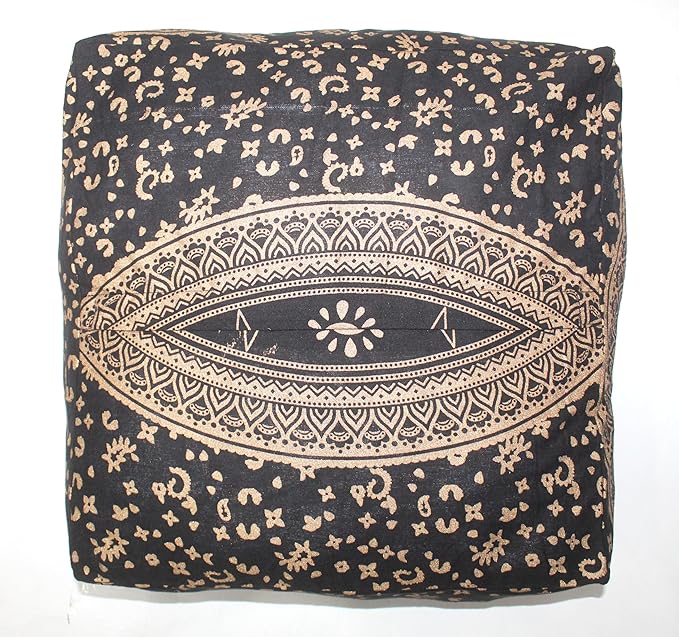 CRAFT KALA 16" Square Large Hippie Mandala Meditation Floor Ottoman Pillow Cushion Pouf Cover Square Poufs Bohemian Circle Floor Cushion Case Outdoor Fireplace Yoga Living Room Decor Cover Black Gold