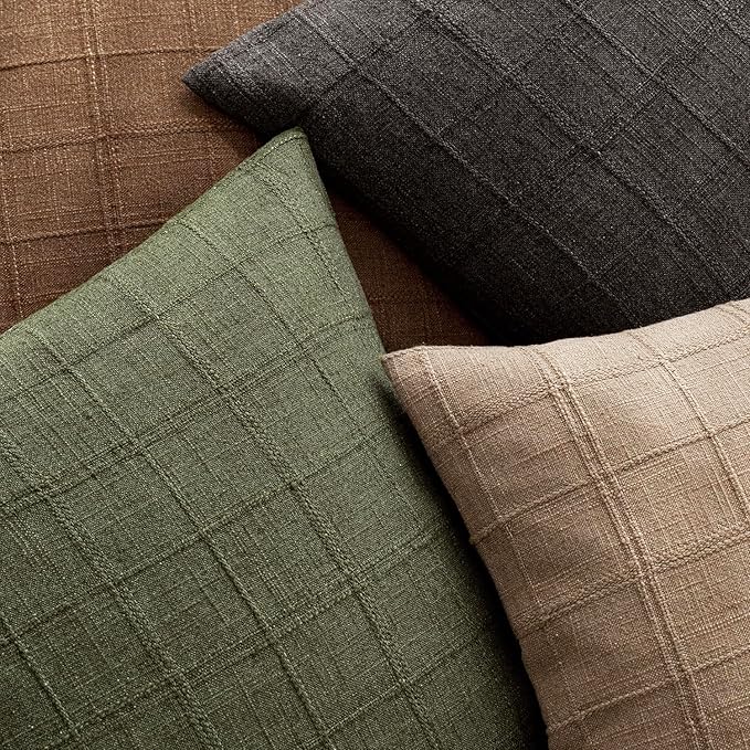 Foindtower Set of 2 Decorative Linen Check Throw Pillow Covers Neutral Farmhouse Vintage Cushion Covers Modern Boho Home Decor for Sofa Chair Couch Bedroom Living Room,20×20 Inch,Brown Hazel